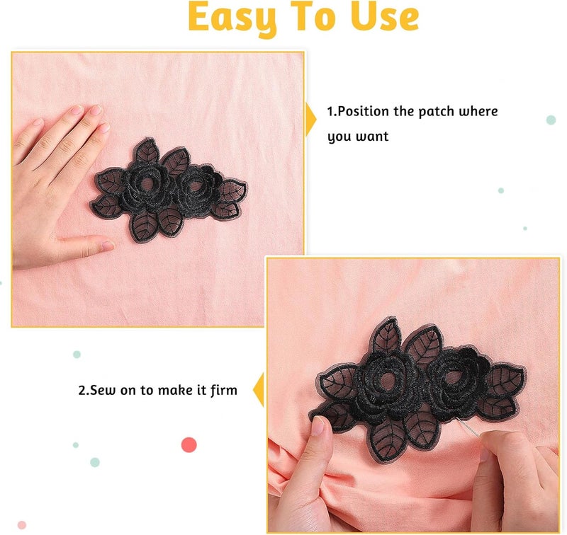 Jeffdad 12 Pcs Flower Lace Embroidered Applique 3D Floral Sew On Patches, for Dress Jeans Sweater Hats Bags Clothes Repairing Decorating Wedding Dress DIY Sewing Craft(Black) - Image 5